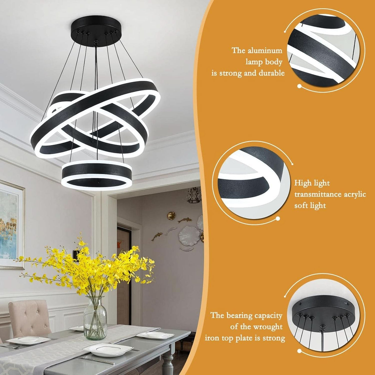 Homiqo Aura – Czarna regulowana lampa wisząca LED z trzema pierścieniami