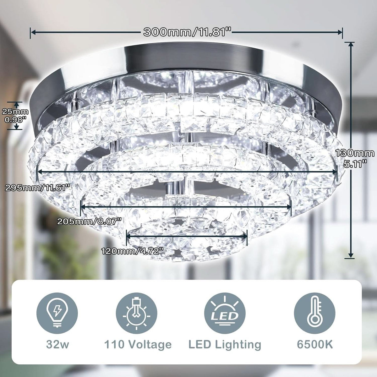 Homiqo Crystal – Kryształowa lampa sufitowa LED 30 cm, 6500K