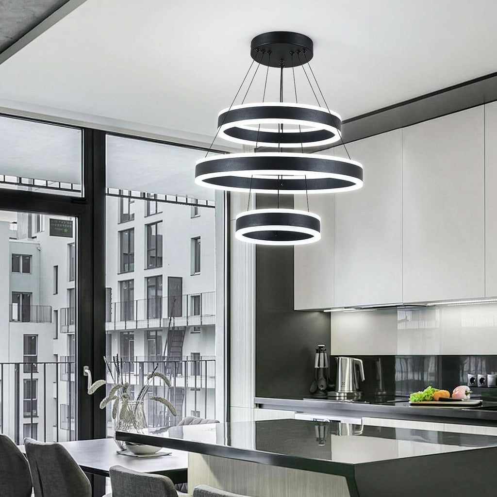 Homiqo Aura – Czarna regulowana lampa wisząca LED z trzema pierścieniami