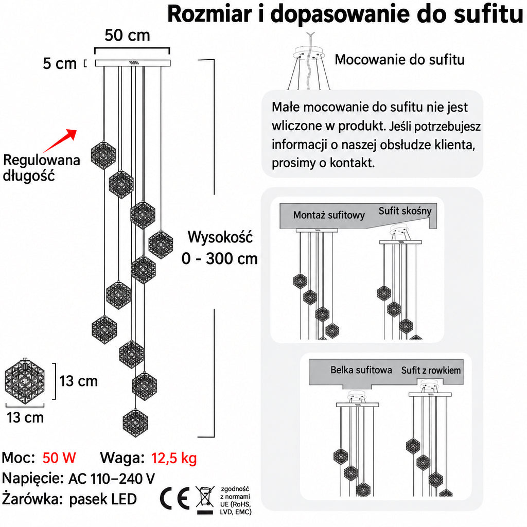 Homiqo Golden Crystal – Złoty kryształowy żyrandol LED do wysokich wnętrz i klatek schodowych
